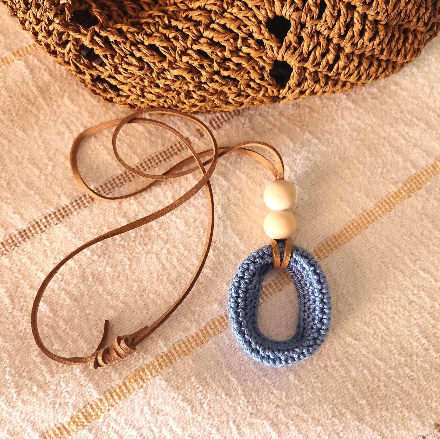 Crochet Pendant Necklace Black White with Pearl Beads - Handmade Adjustable Leather Cord, Elegant Boho Jewelry