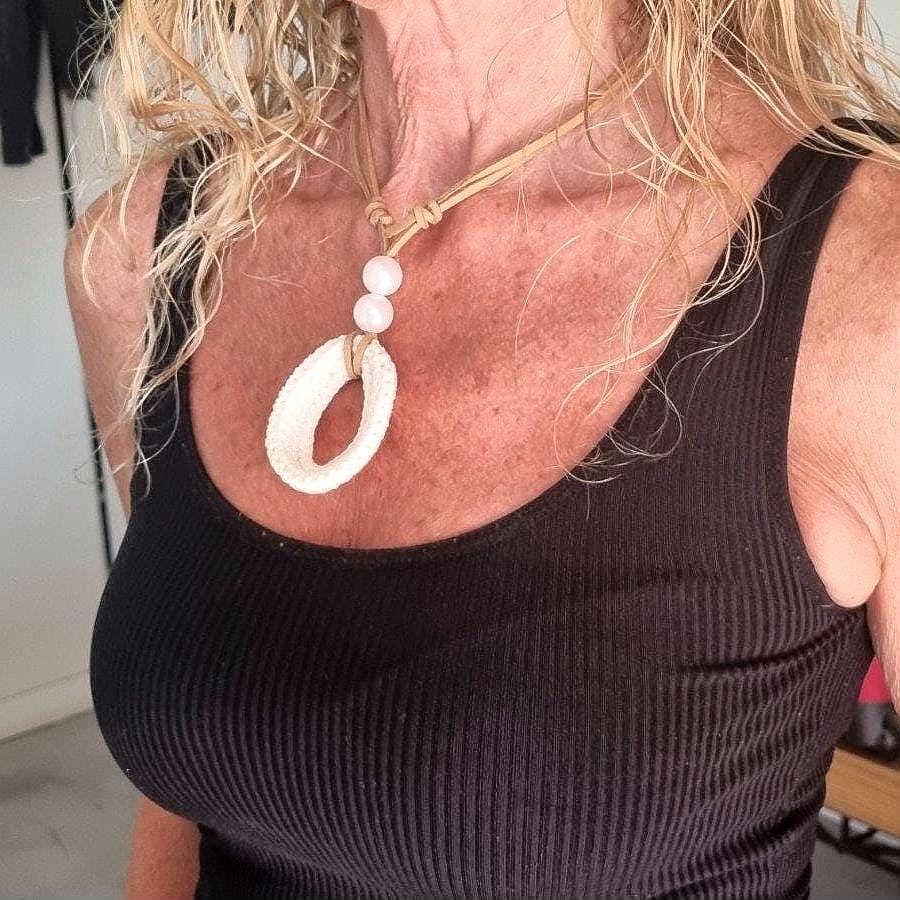 Crochet Pendant Necklace with Pearl Beads - Adjustable Leather Cord Boho Jewelry