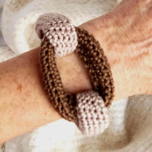 Beige & Brown Crochet Cuff Bracelet - Chunky Cotton Statement Bangle