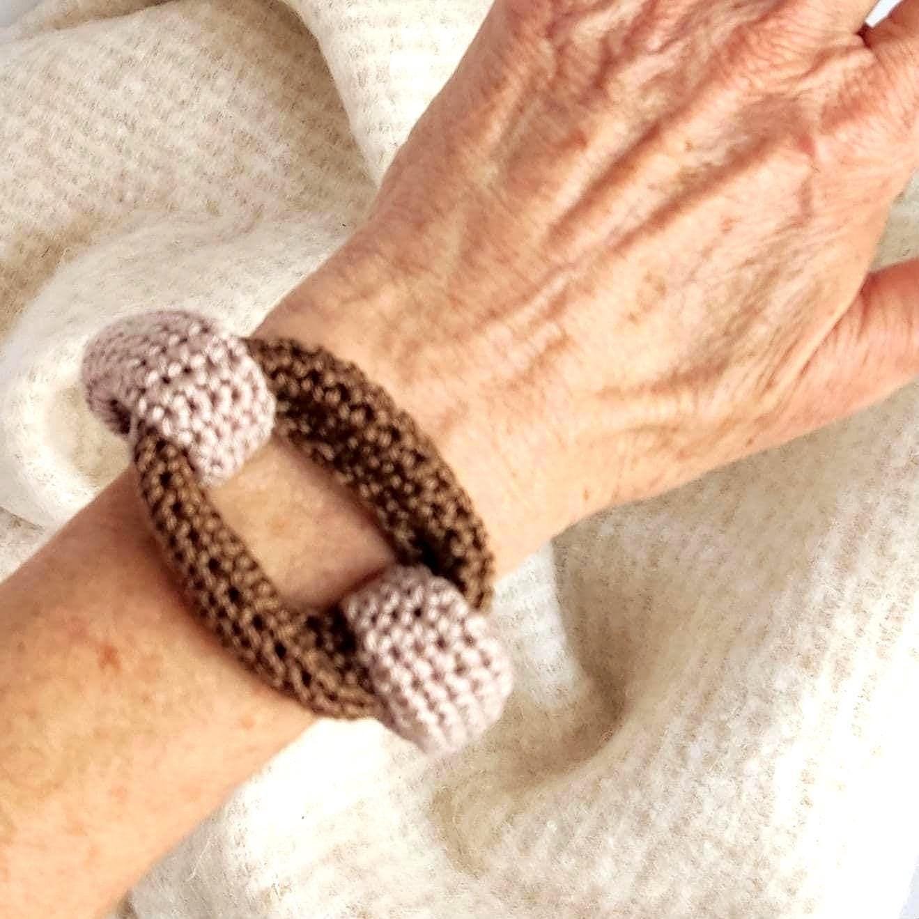 Beige & Brown Crochet Cuff Bracelet - Chunky Cotton Statement Bangle