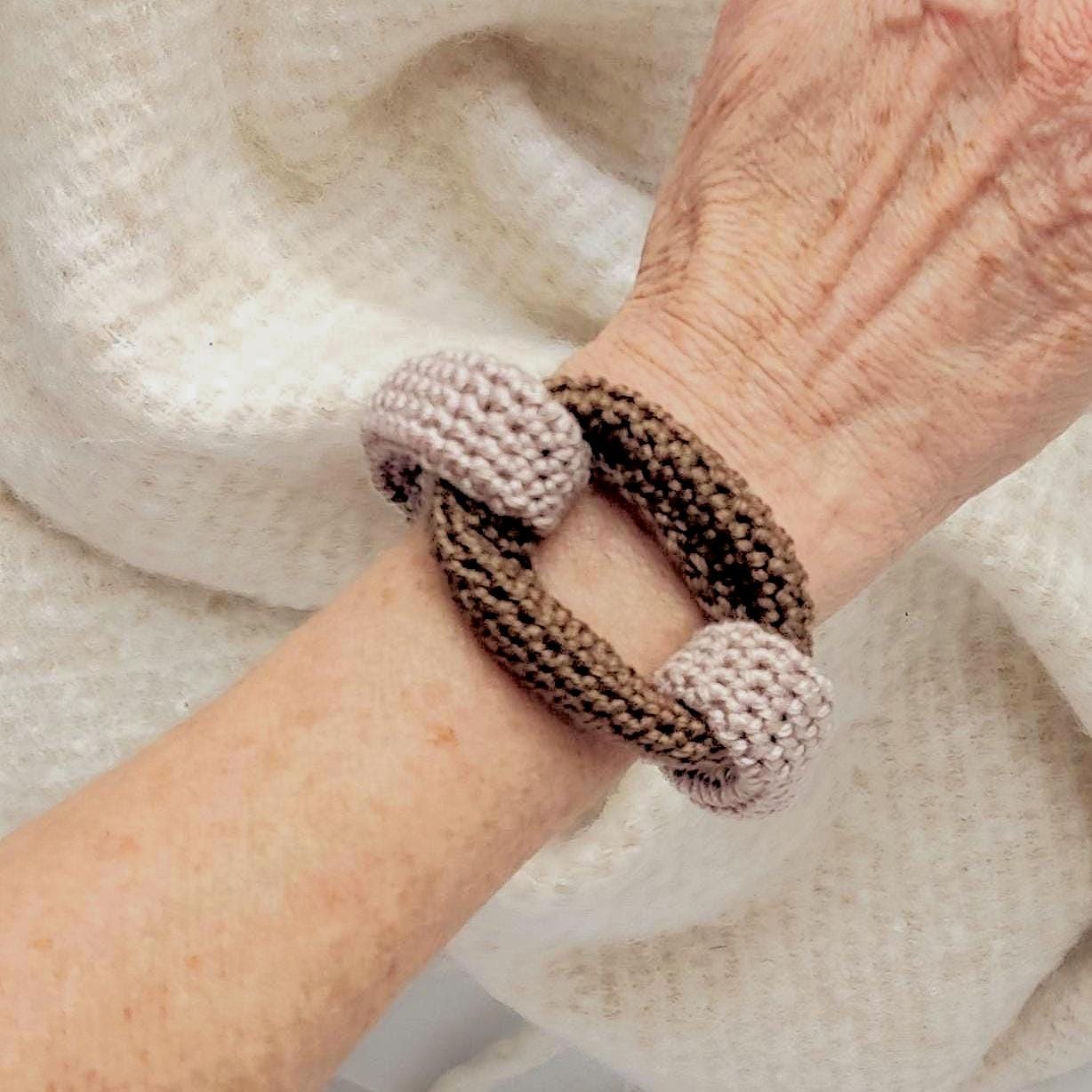 Beige & Brown Crochet Cuff Bracelet - Chunky Cotton Statement Bangle