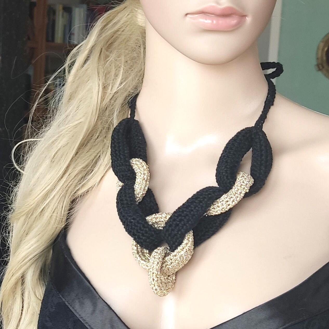 Black & Gold Chunky Crochet Statement Necklace - Elegant Handmade Cotton Chain