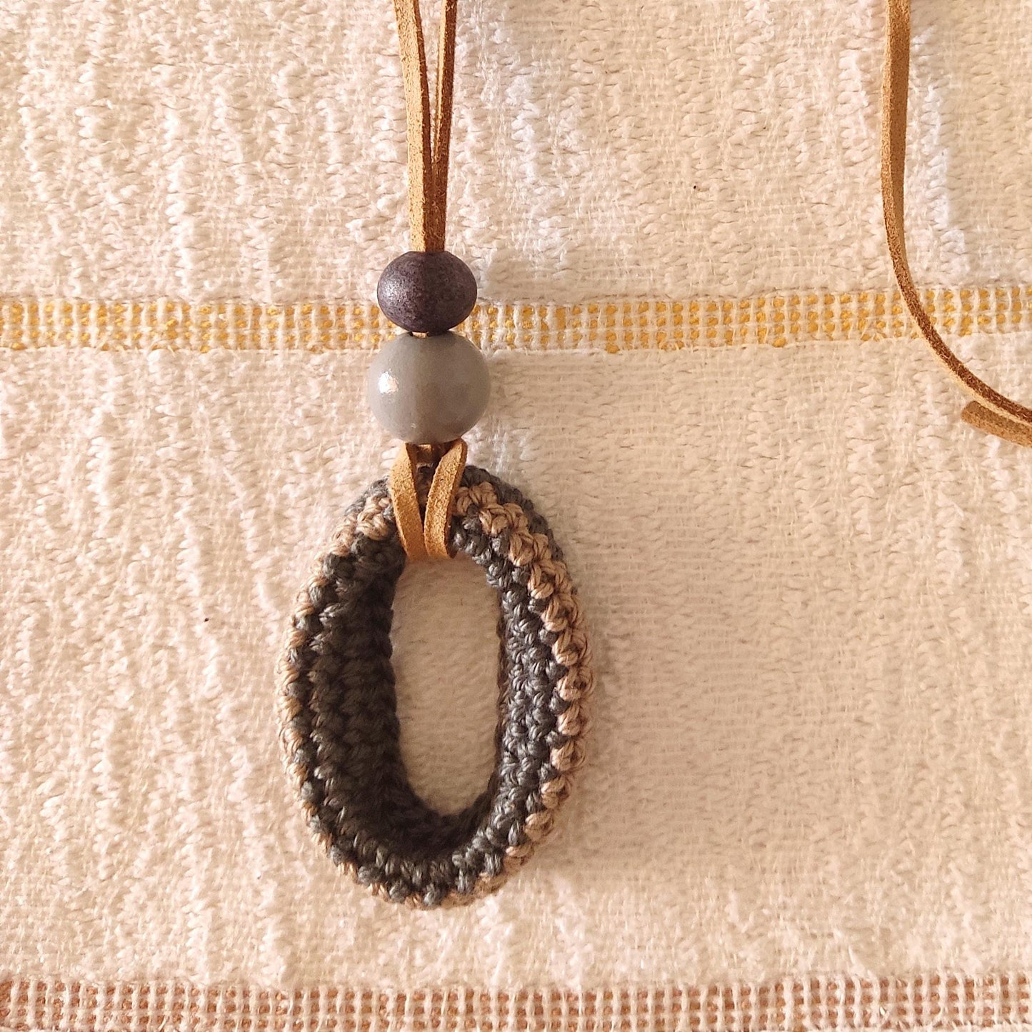 Crochet Pendant Necklace Black White with Pearl Beads - Handmade Adjustable Leather Cord, Elegant Boho Jewelry