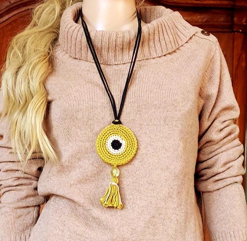 Crochet Evil Eye Pendant Necklace - Beaded Tassel with Leather Strap, Boho Protection Jewelry