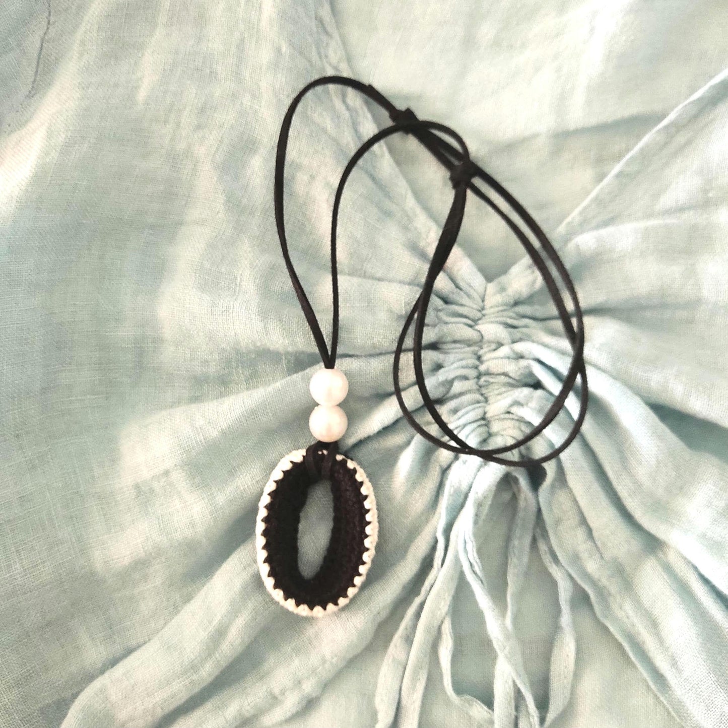 Crochet Pendant Necklace Black White with Pearl Beads - Handmade Adjustable Leather Cord, Elegant Boho Jewelry