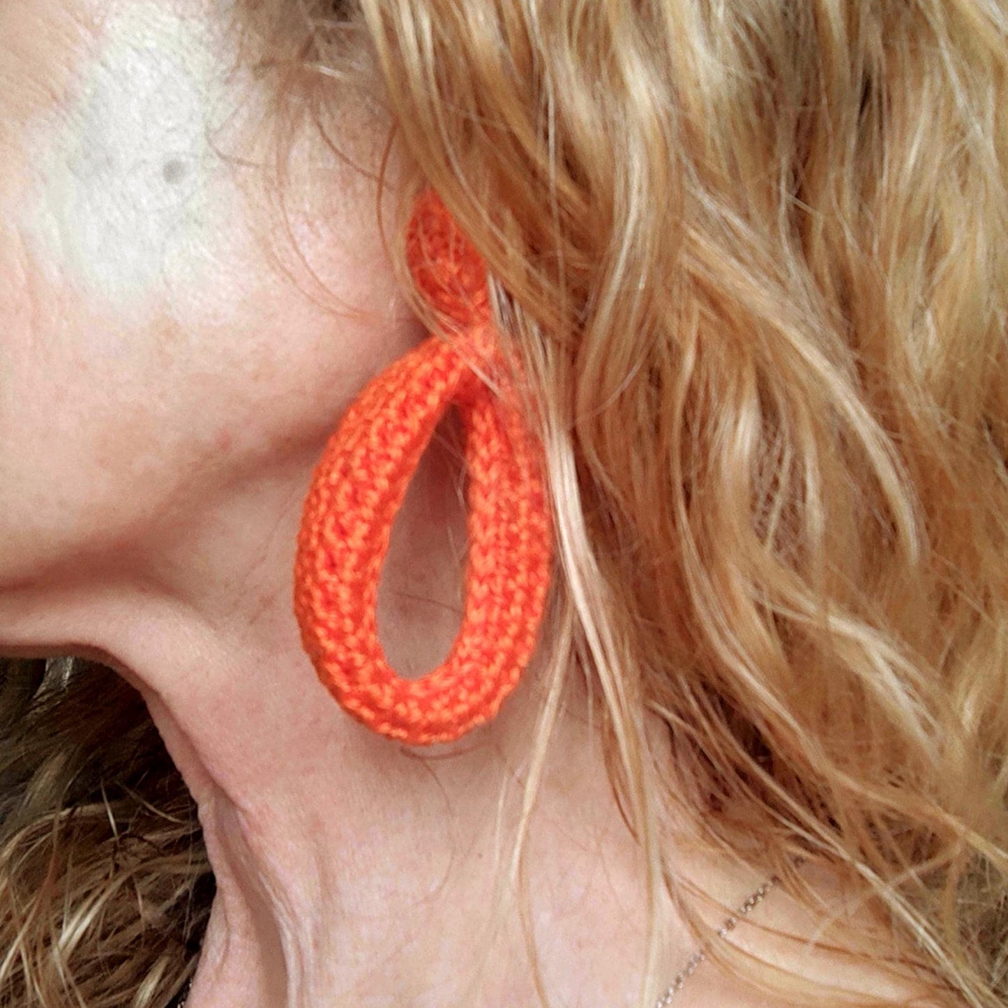 Pink Crochet Hoop Earrings: Cotton Yarn , Gold Plated Studs
