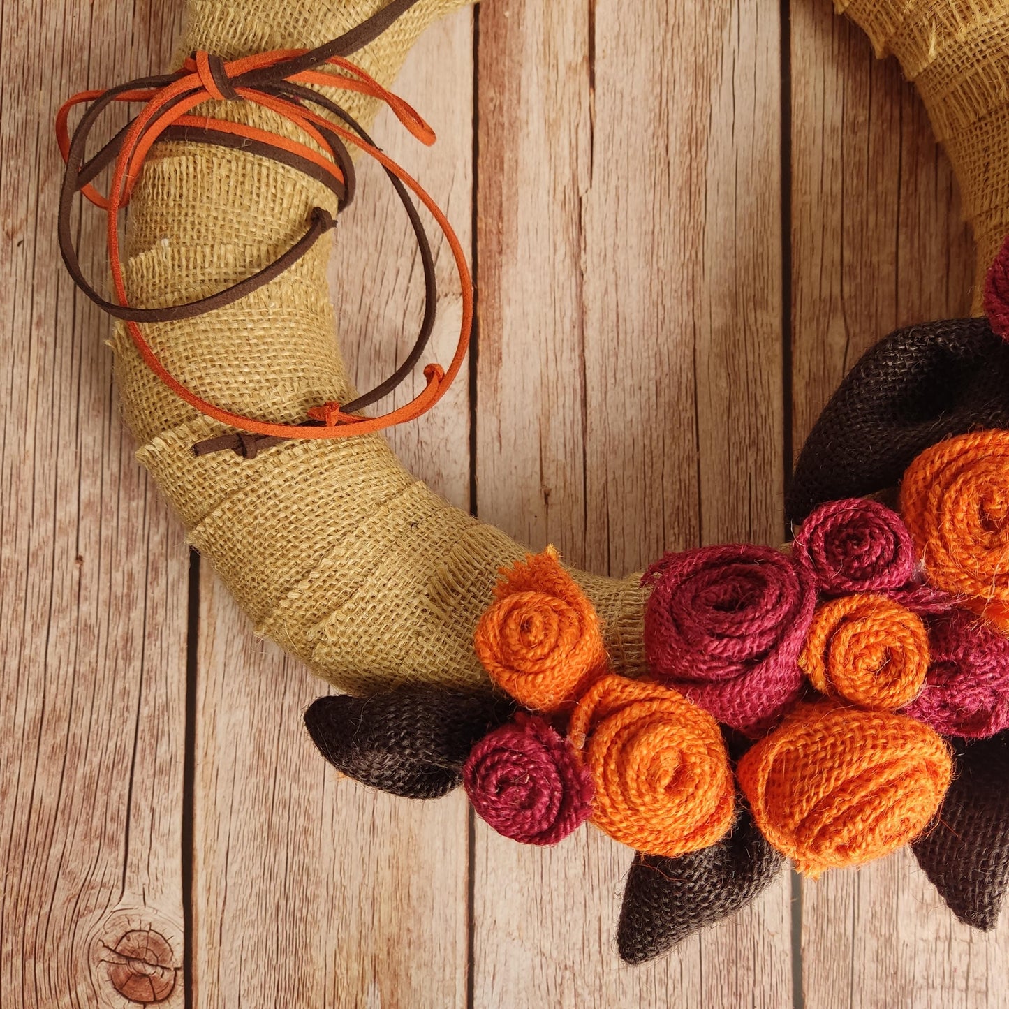 Autumn Burlap Rose Wreath: Handmade Fall Door Decor in Orange & Burgundy