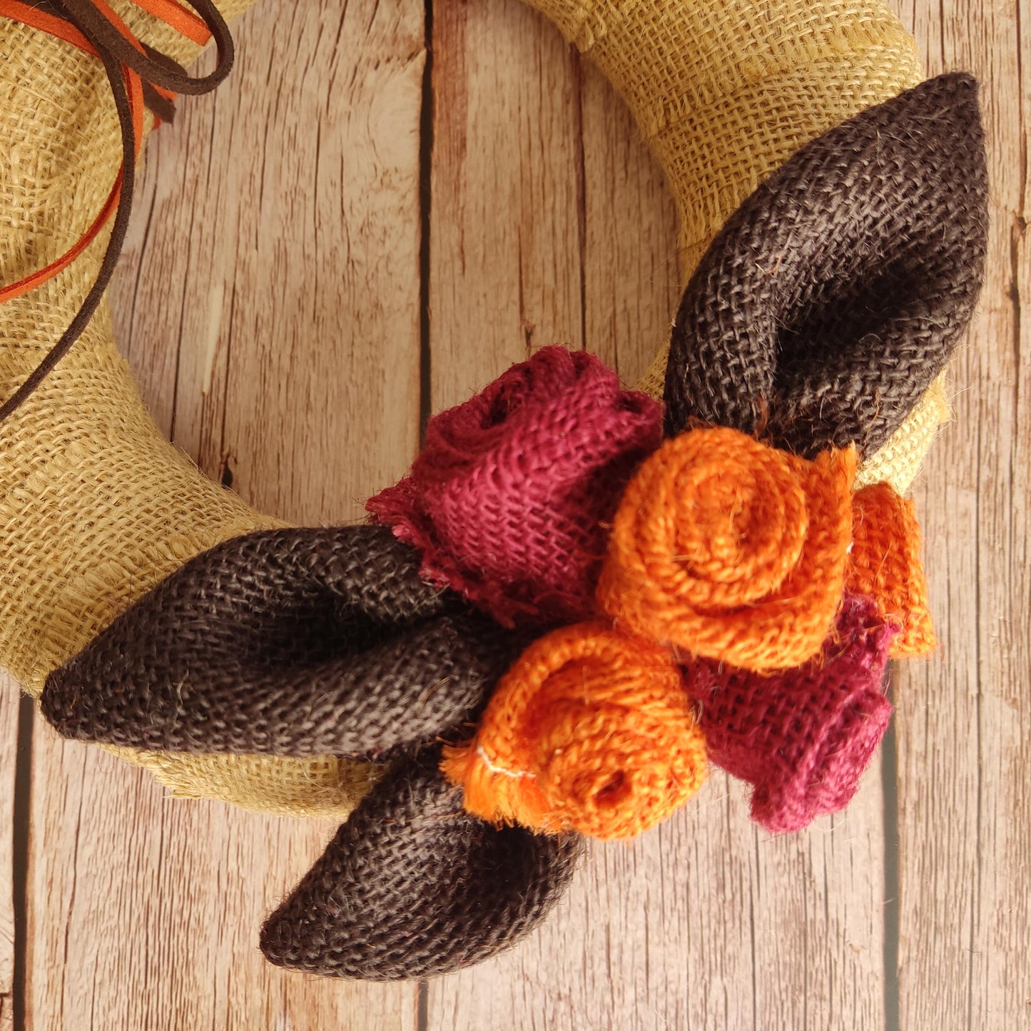 Autumn Burlap Rose Wreath: Handmade Fall Door Decor in Orange & Burgundy
