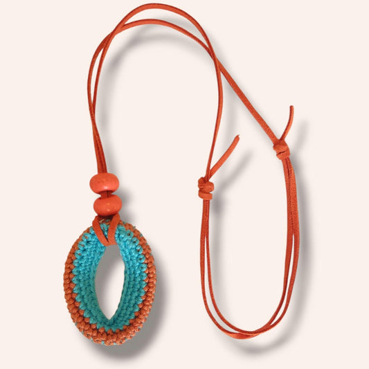 Turquoise & Orange Crochet Pendant Necklace - Handmade Beaded with Adjustable Faux Suede Cord