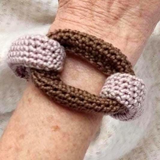 Beige & Brown Crochet Cuff Bracelet - Chunky Cotton Statement Bangle