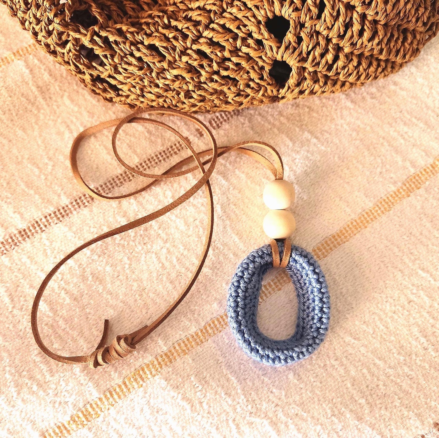 Crochet Pendant Necklace with Pearl Beads - Adjustable Leather Cord Boho Jewelry