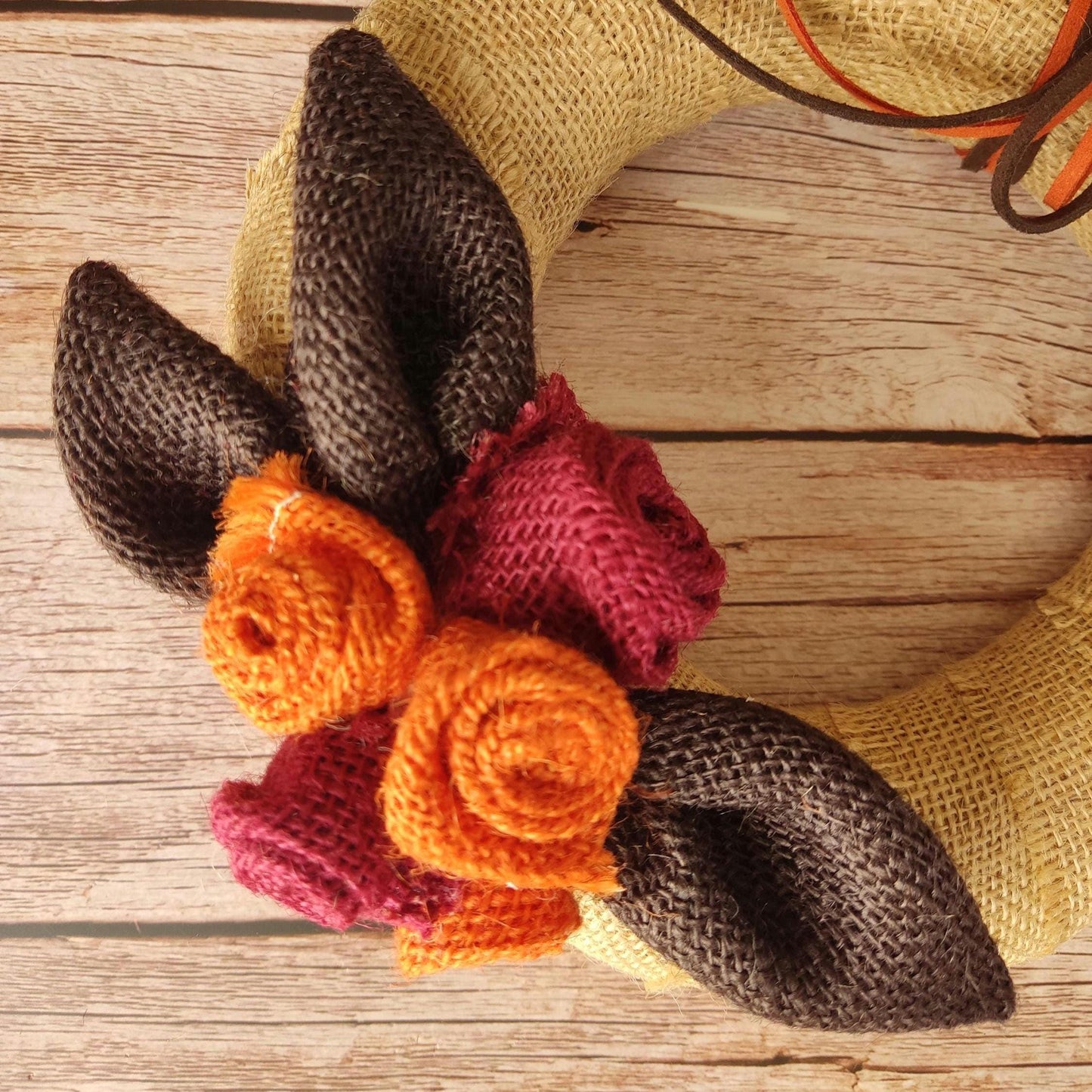 Autumn Burlap Rose Wreath: Handmade Fall Door Decor in Orange & Burgundy (20cm & 30cm)