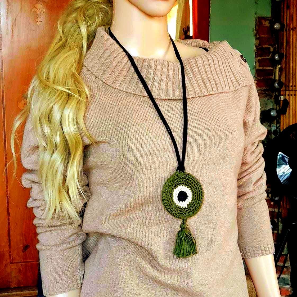 Olive Green Crochet Evil Eye Pendant Necklace - Boho Cord with Leather Strap, Protection Jewelry