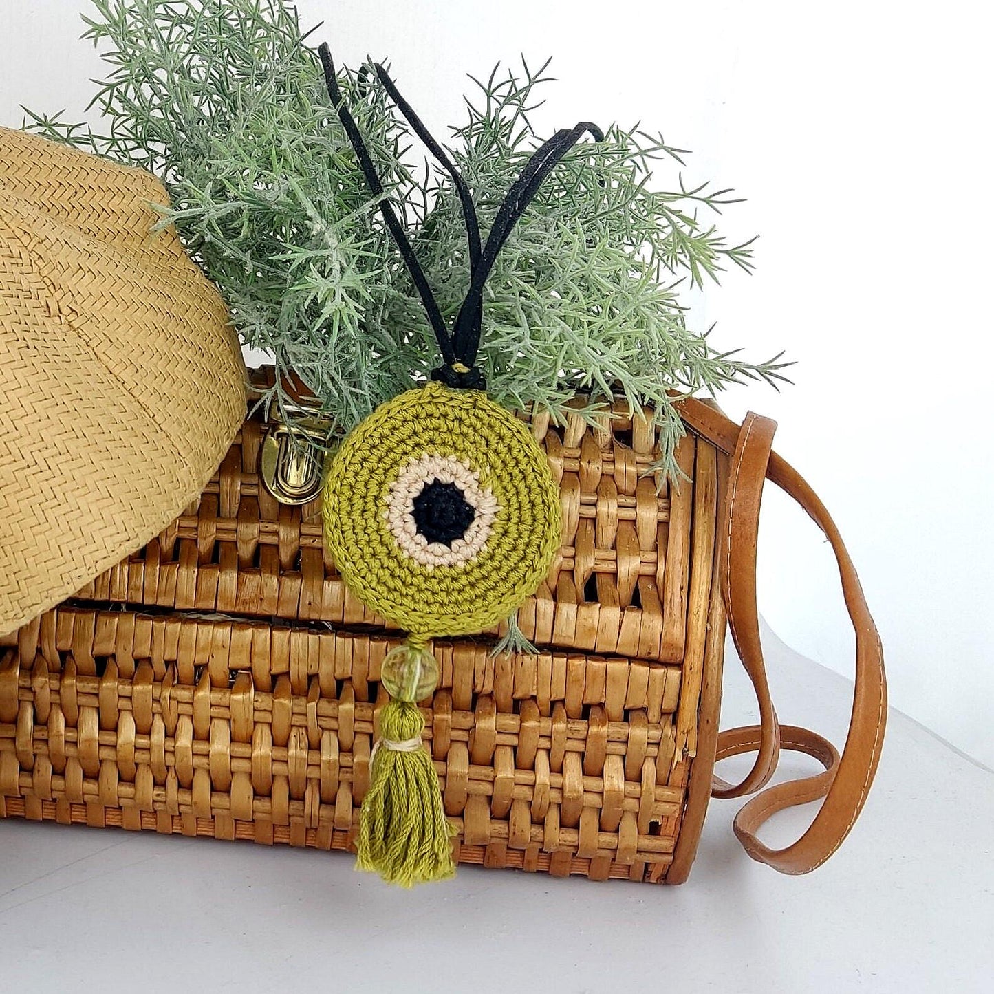 Crochet Evil Eye Pendant Necklace - Beaded Tassel with Leather Strap, Boho Protection Jewelry