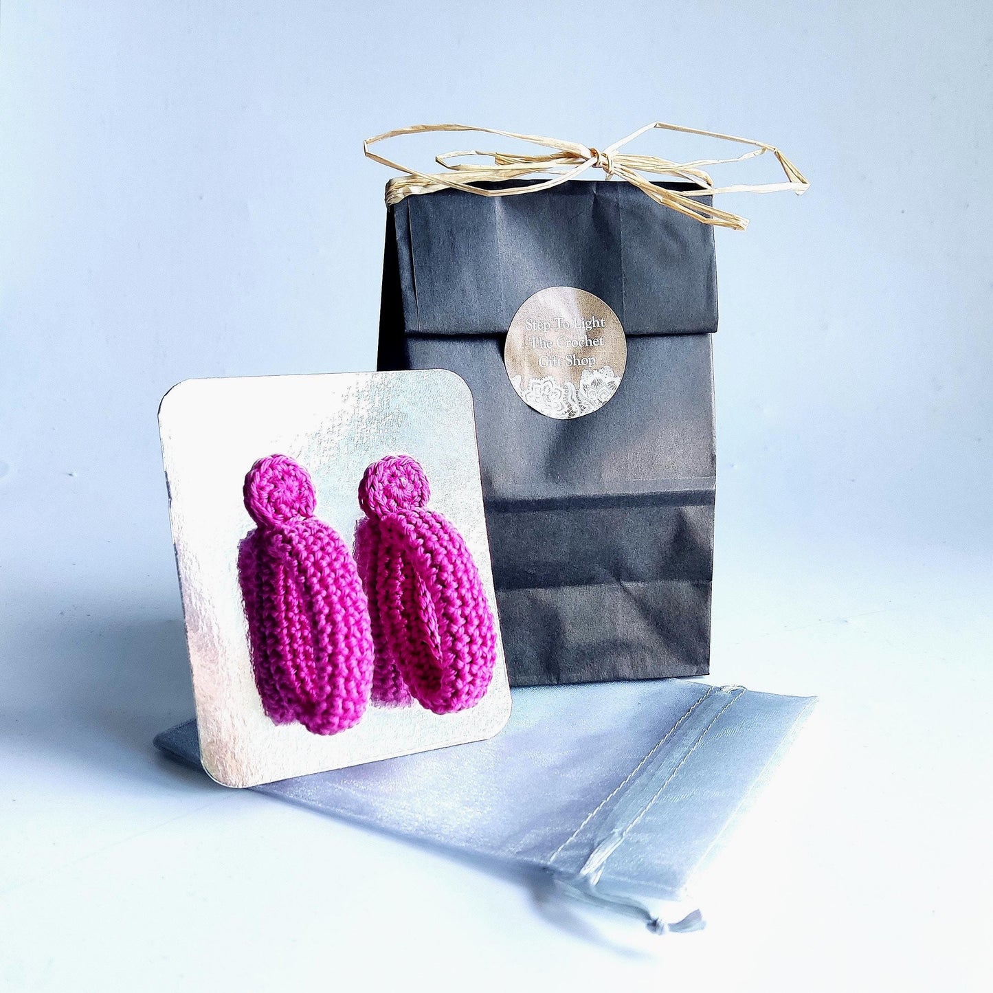 Pink Crochet Hoop Earrings: Cotton Yarn , Gold Plated Studs