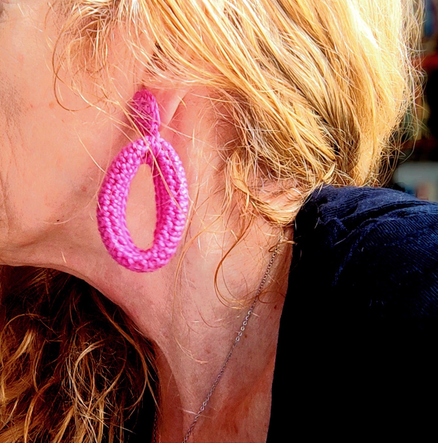 Pink Crochet Hoop Earrings: Cotton Yarn , Gold Plated Studs