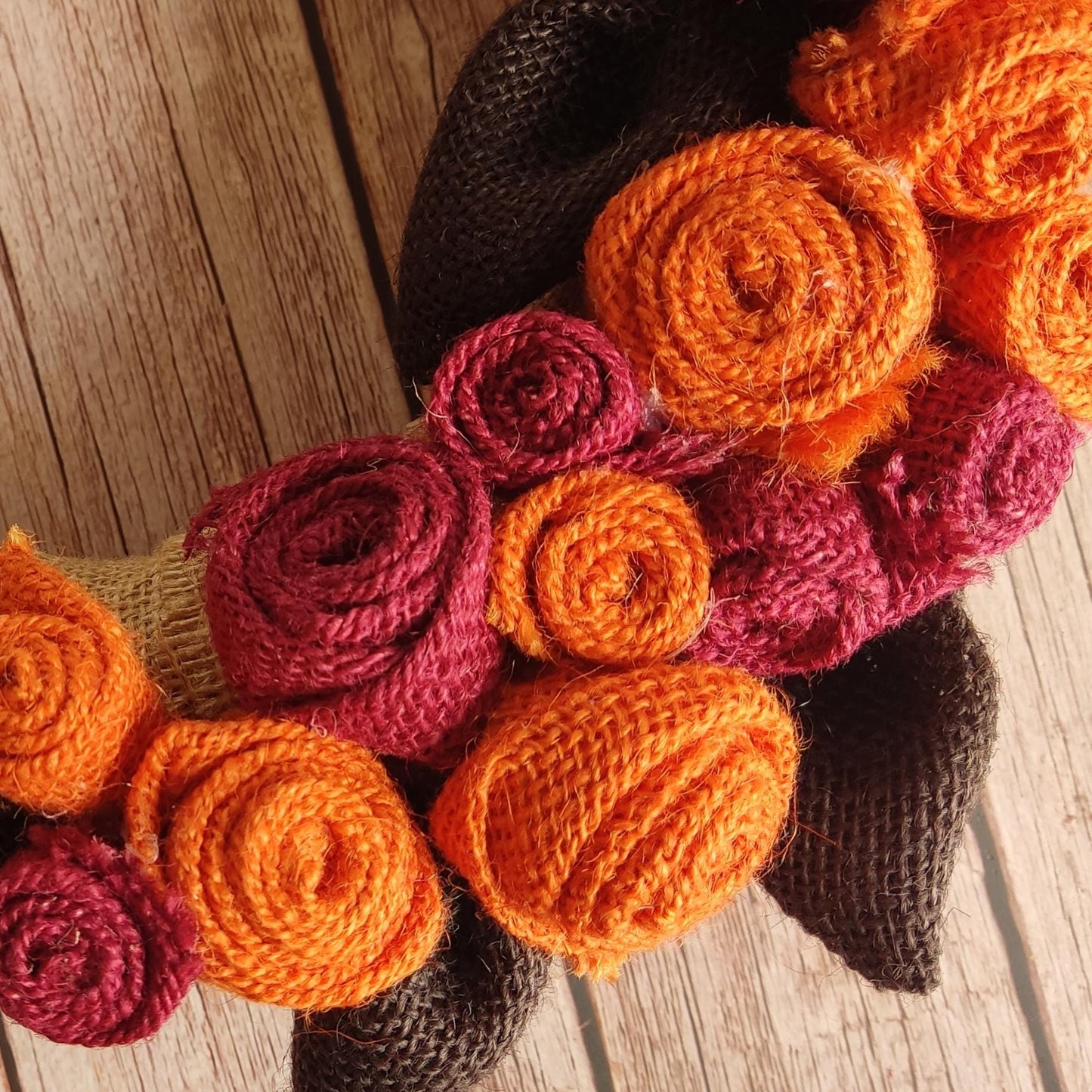 Autumn Burlap Rose Wreath: Handmade Fall Door Decor in Orange & Burgundy