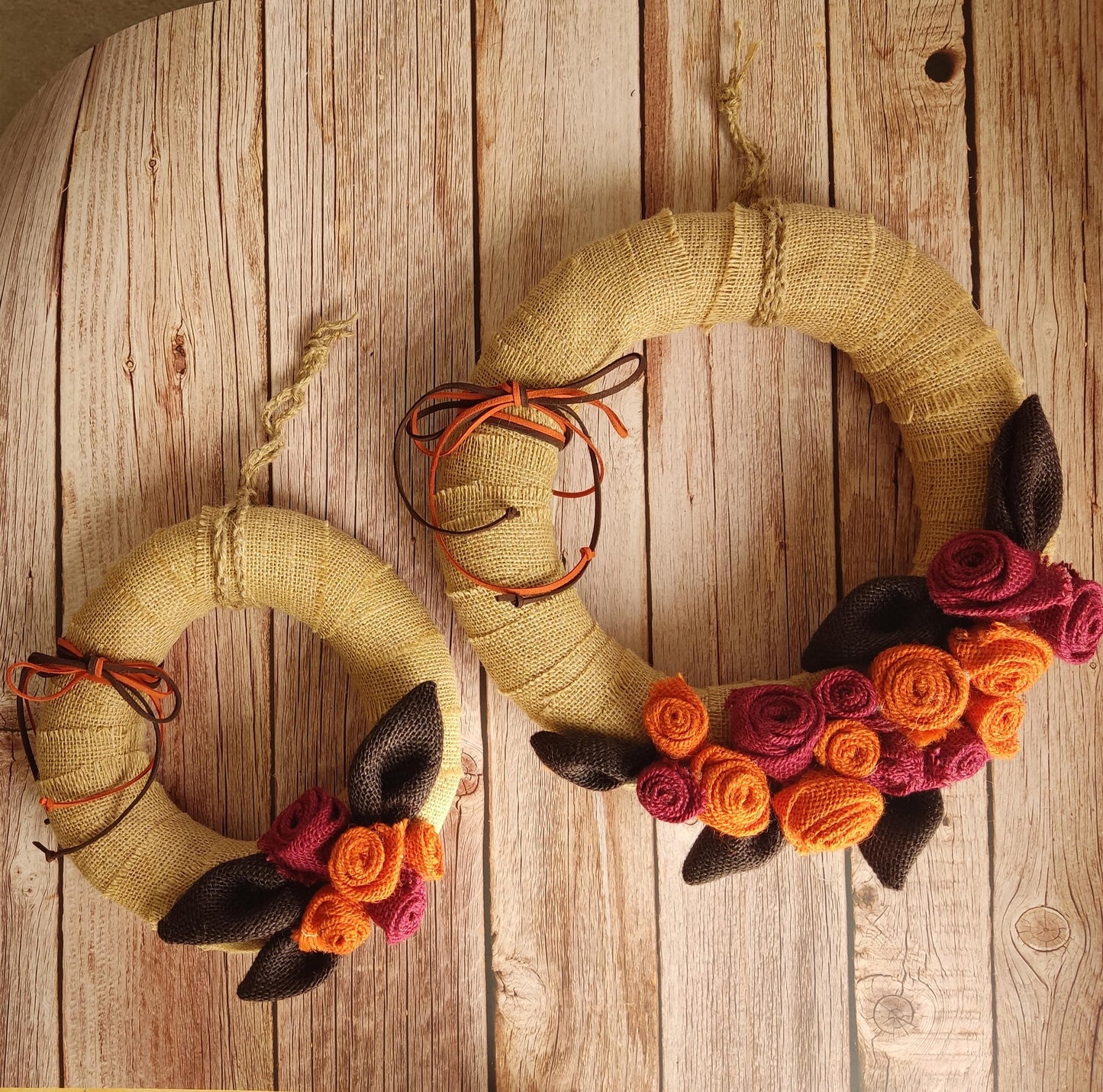 Autumn Burlap Rose Wreath: Handmade Fall Door Decor in Orange & Burgundy