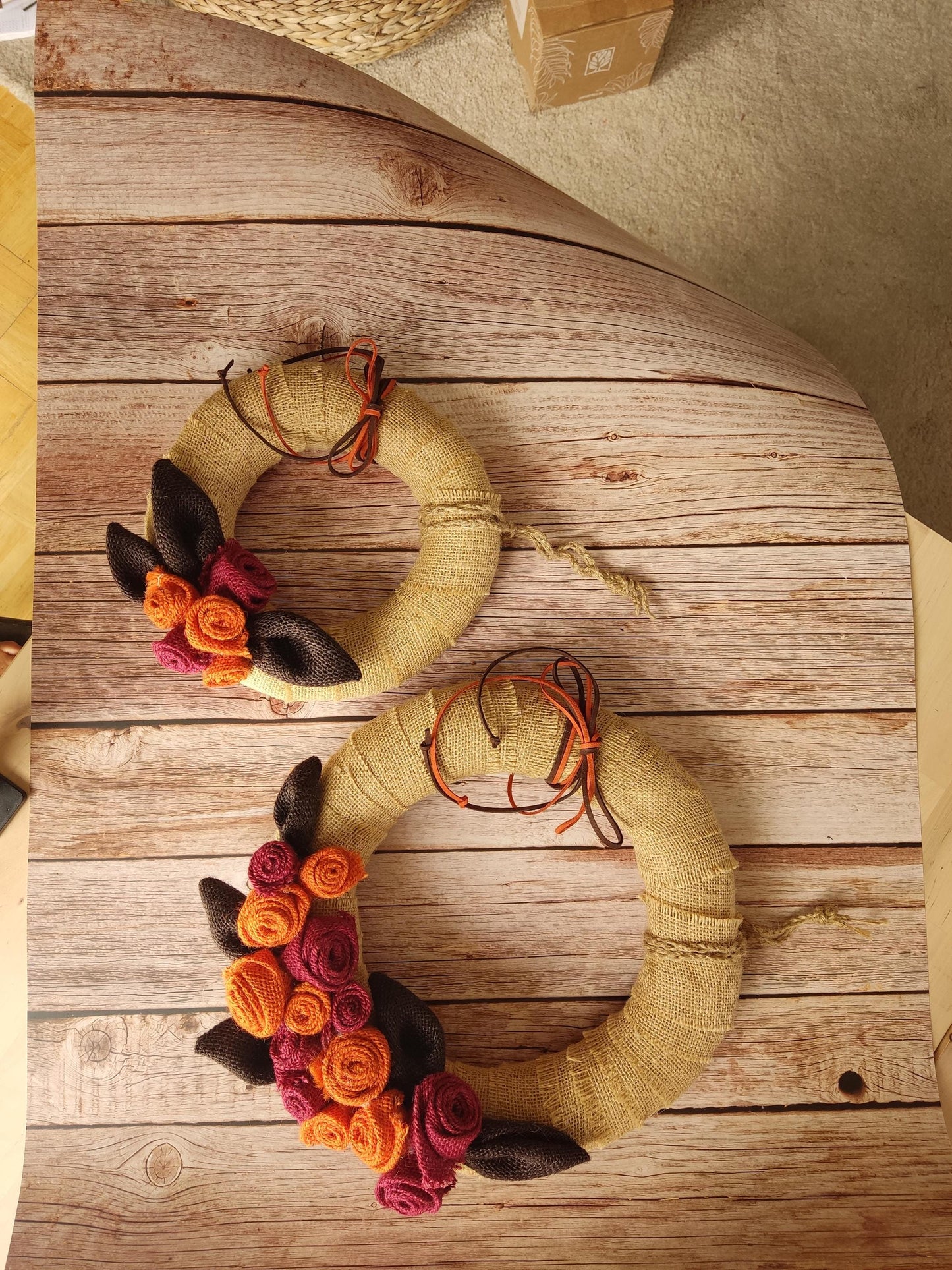 Autumn Burlap Rose Wreath: Handmade Fall Door Decor in Orange & Burgundy