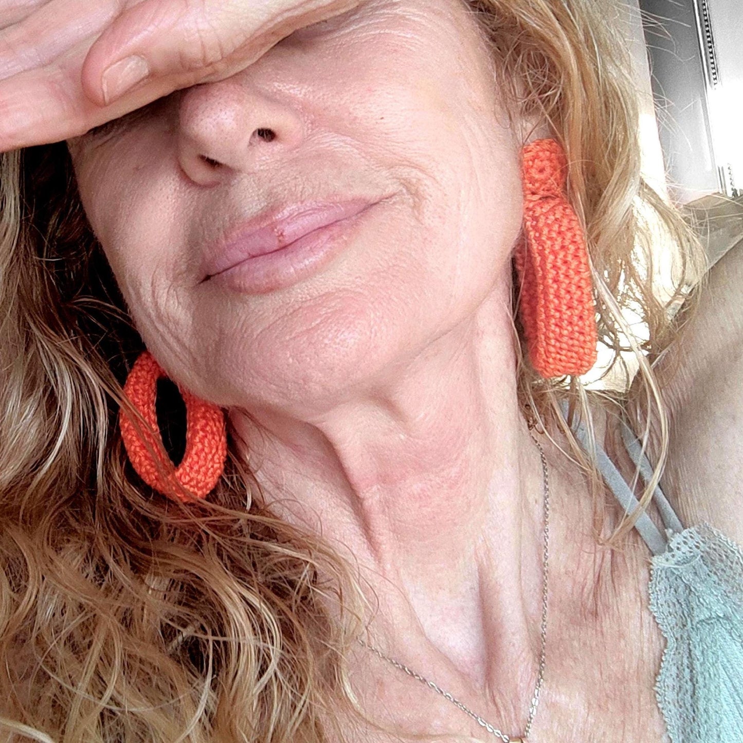 Orange Crochet Hoop Earrings:  Cotton Yarn, Gold Plated Studs