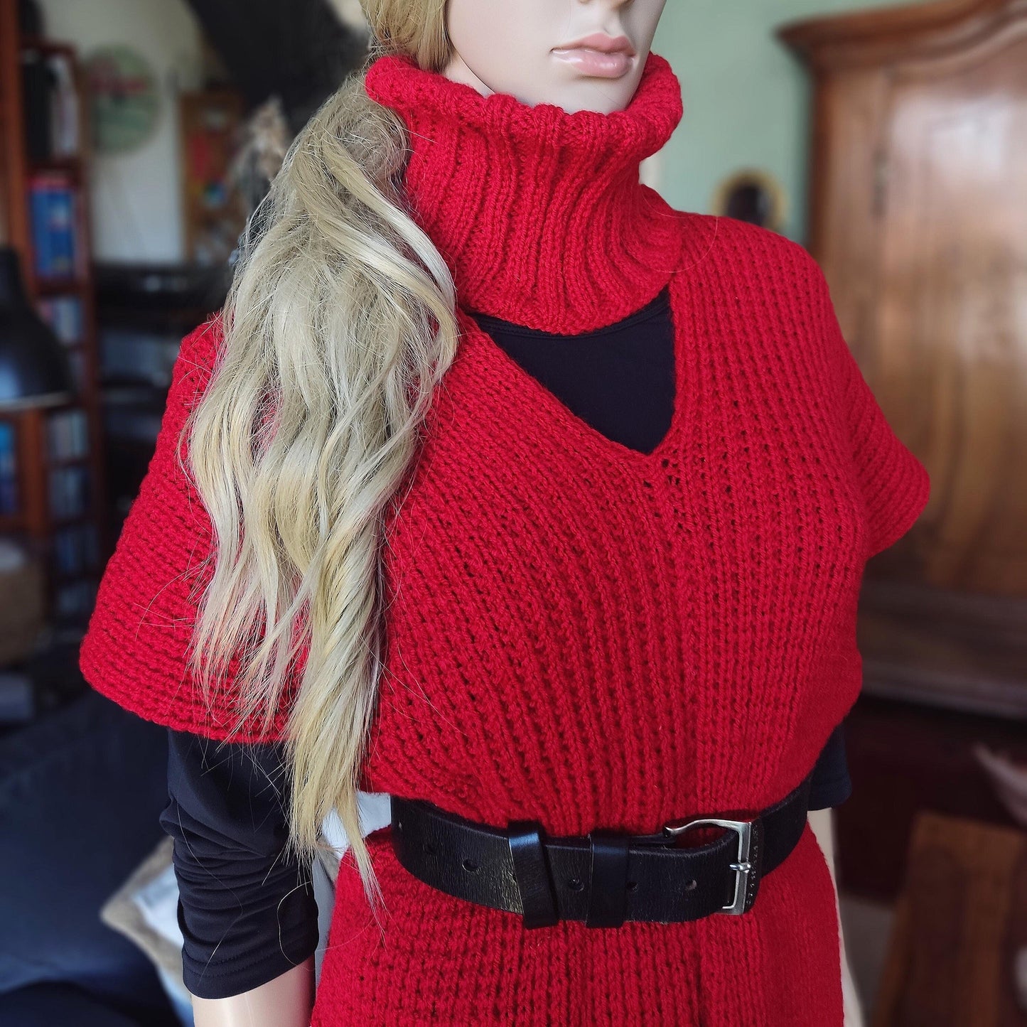 Red Knitted Poncho with Fringe - Turtleneck Vest for Women
