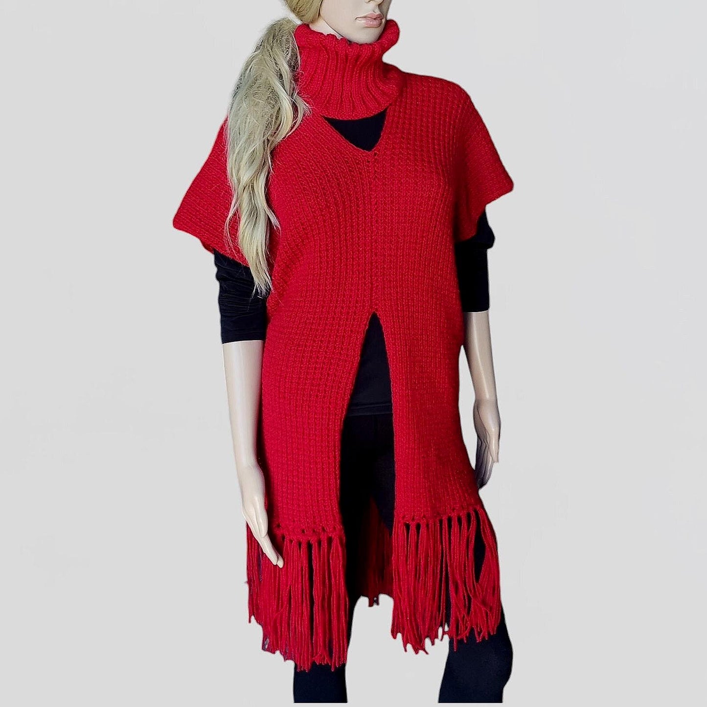 Red Knitted Poncho with Fringe - Turtleneck Vest for Women