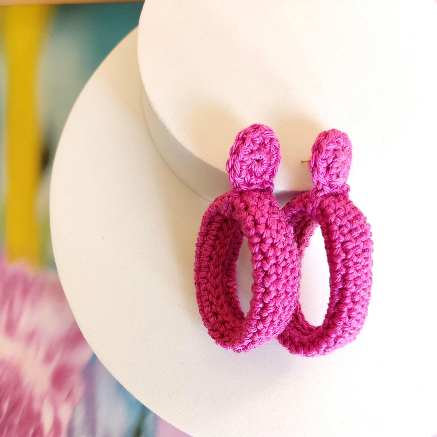 Pink Crochet Hoop Earrings: Cotton Yarn , Gold Plated Studs