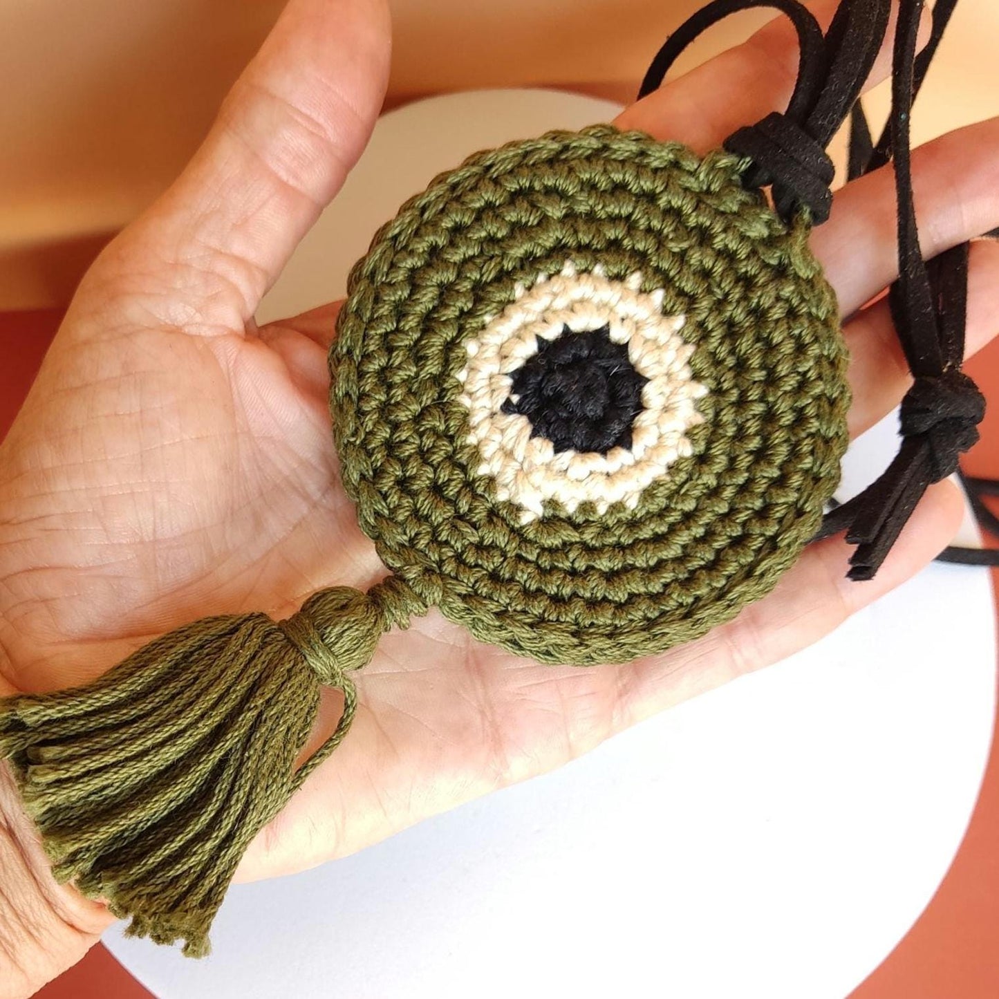 Olive Green Crochet Evil Eye Pendant Necklace - Boho Cord with Leather Strap, Protection Jewelry