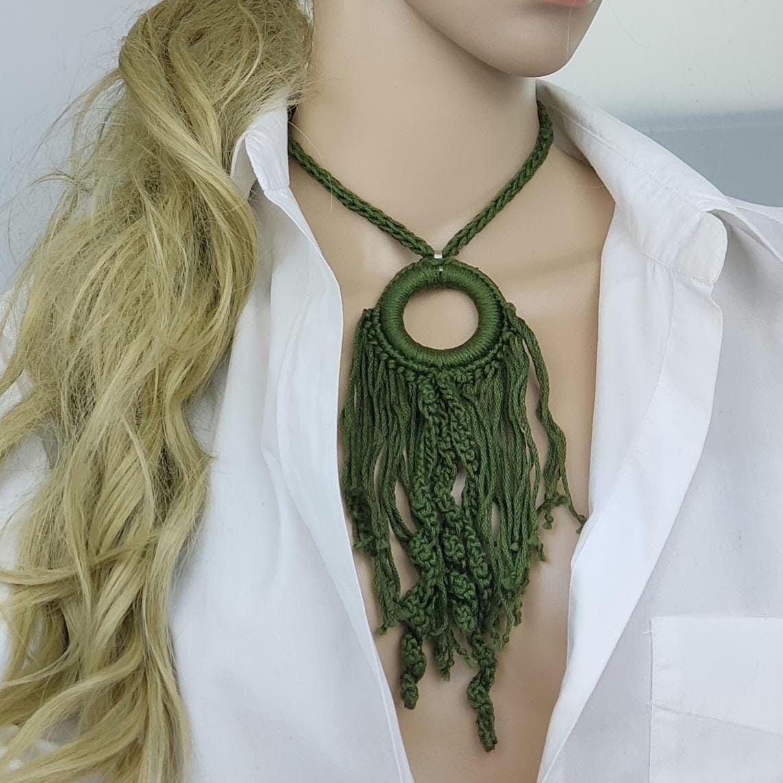 Beige Boho Crochet Pendant Necklace - Handmade Cotton Fringe, Adjustable Length