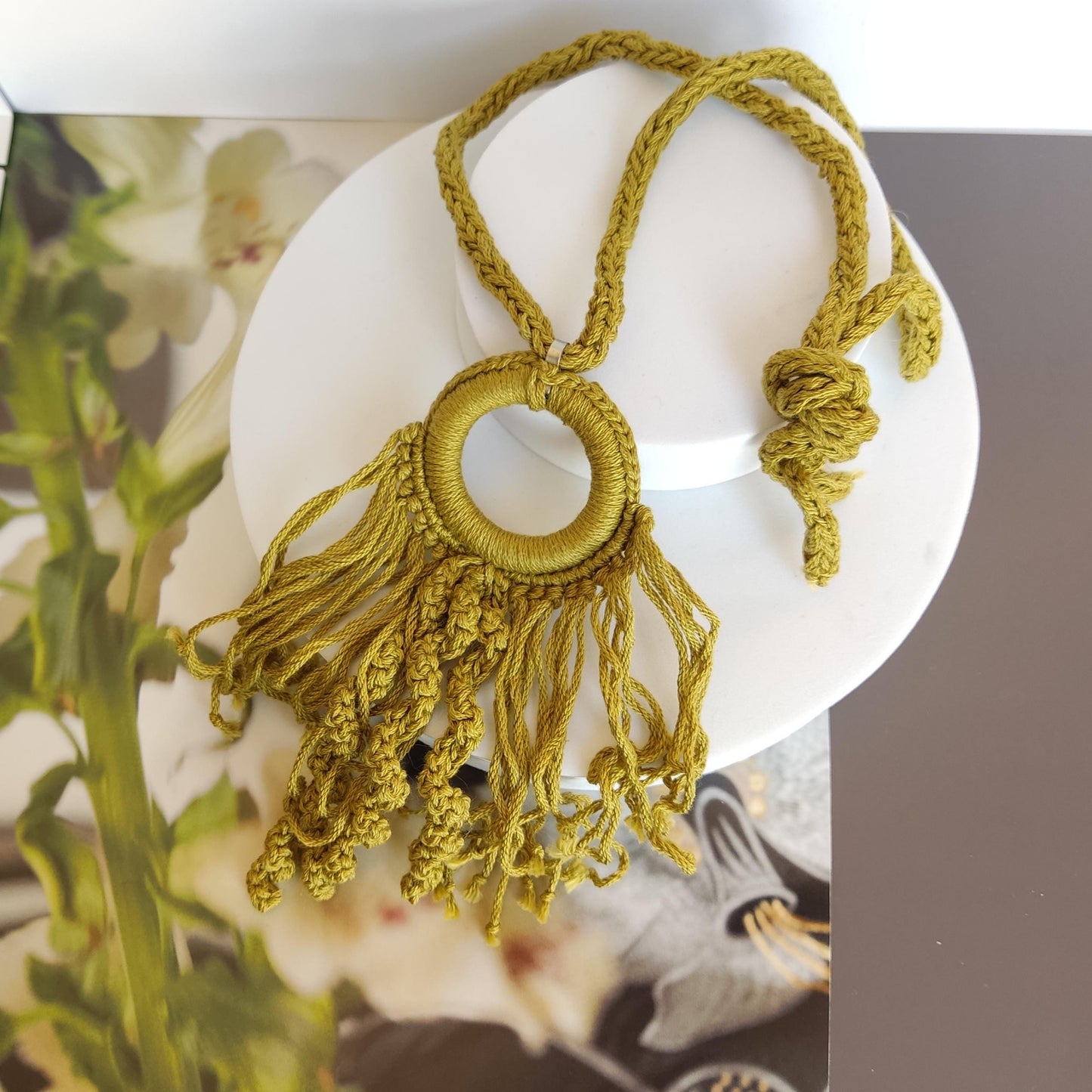 Green Boho Crochet Pendant Necklace - Handmade Cotton Fringe, Adjustable Length