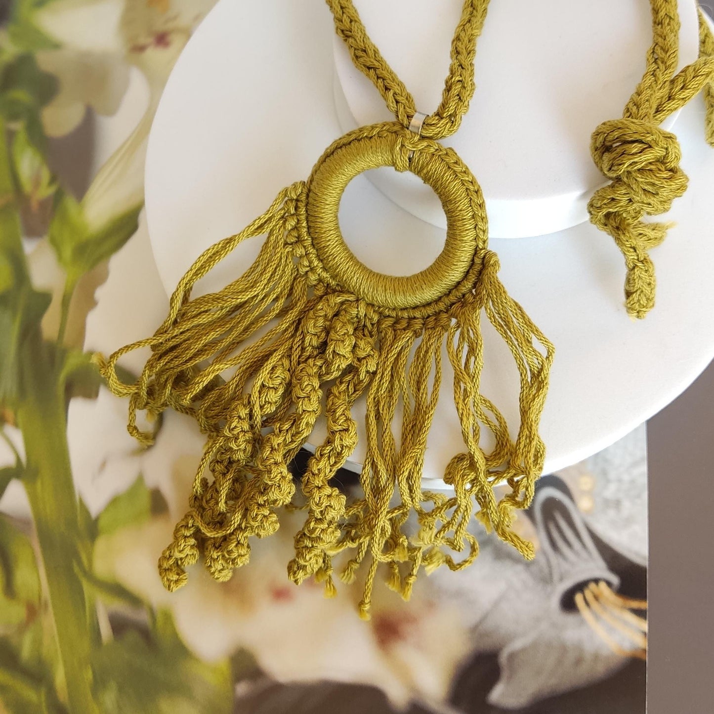 Green Boho Crochet Pendant Necklace - Handmade Cotton Fringe, Adjustable Length