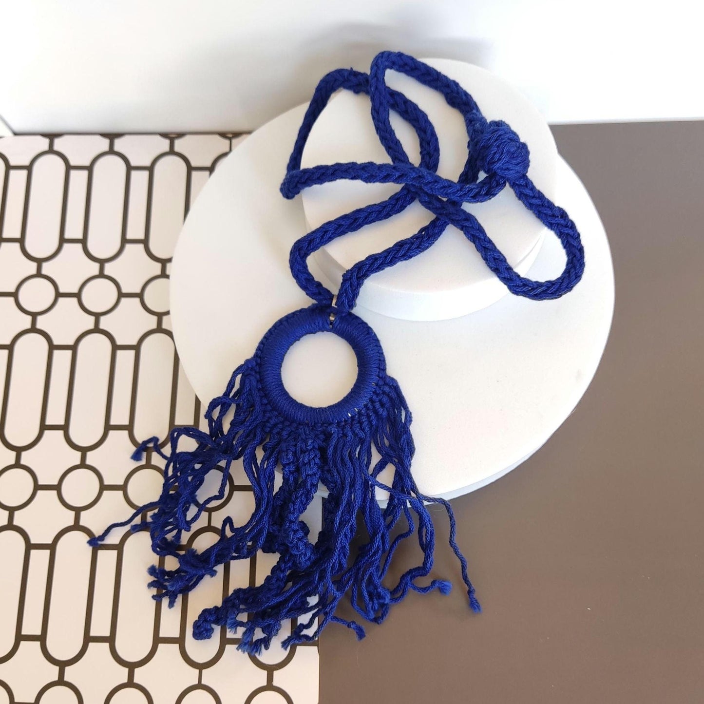 Green Boho Crochet Pendant Necklace - Handmade Cotton Fringe, Adjustable Length