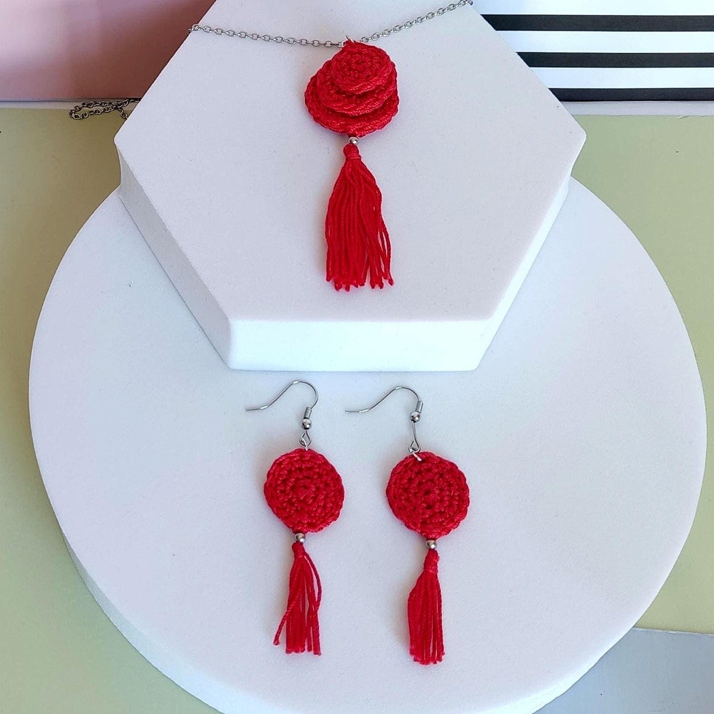 Red Crochet Jewelry Set: Handmade Tassel Necklace & Earrings - Boho Gift