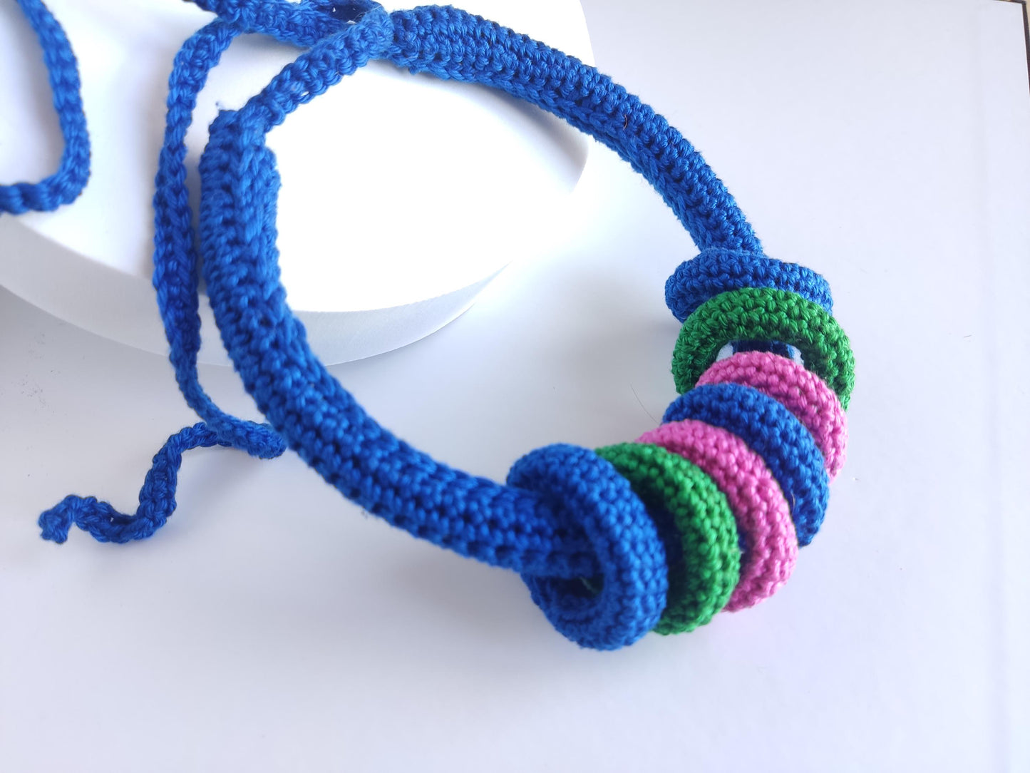 Royal Blue Multiway Crochet Statement Necklace - Curved Necklace & Multicolour Chunky Rings, Adjustable