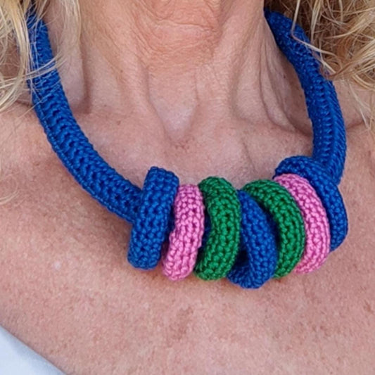 Royal Blue Multiway Crochet Statement Necklace - Curved Necklace & Multicolour Chunky Rings, Adjustable