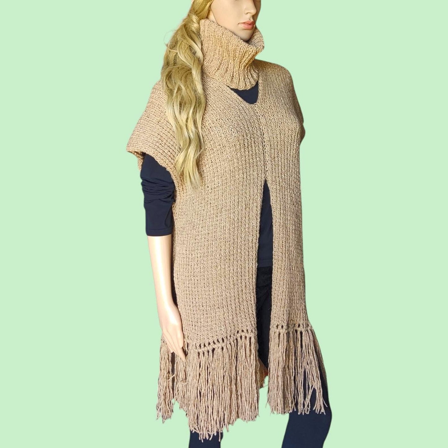 Beige Merino Wool Poncho with Fringe - Knitted Turtleneck Vest