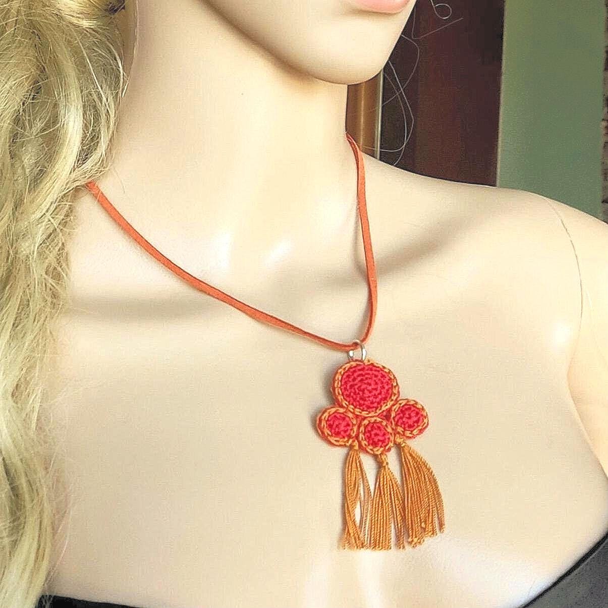 Red & Copper Brown Crochet Pendant Necklace - Ancient Greek Jewelry Inspired -Cord with Leather Strap