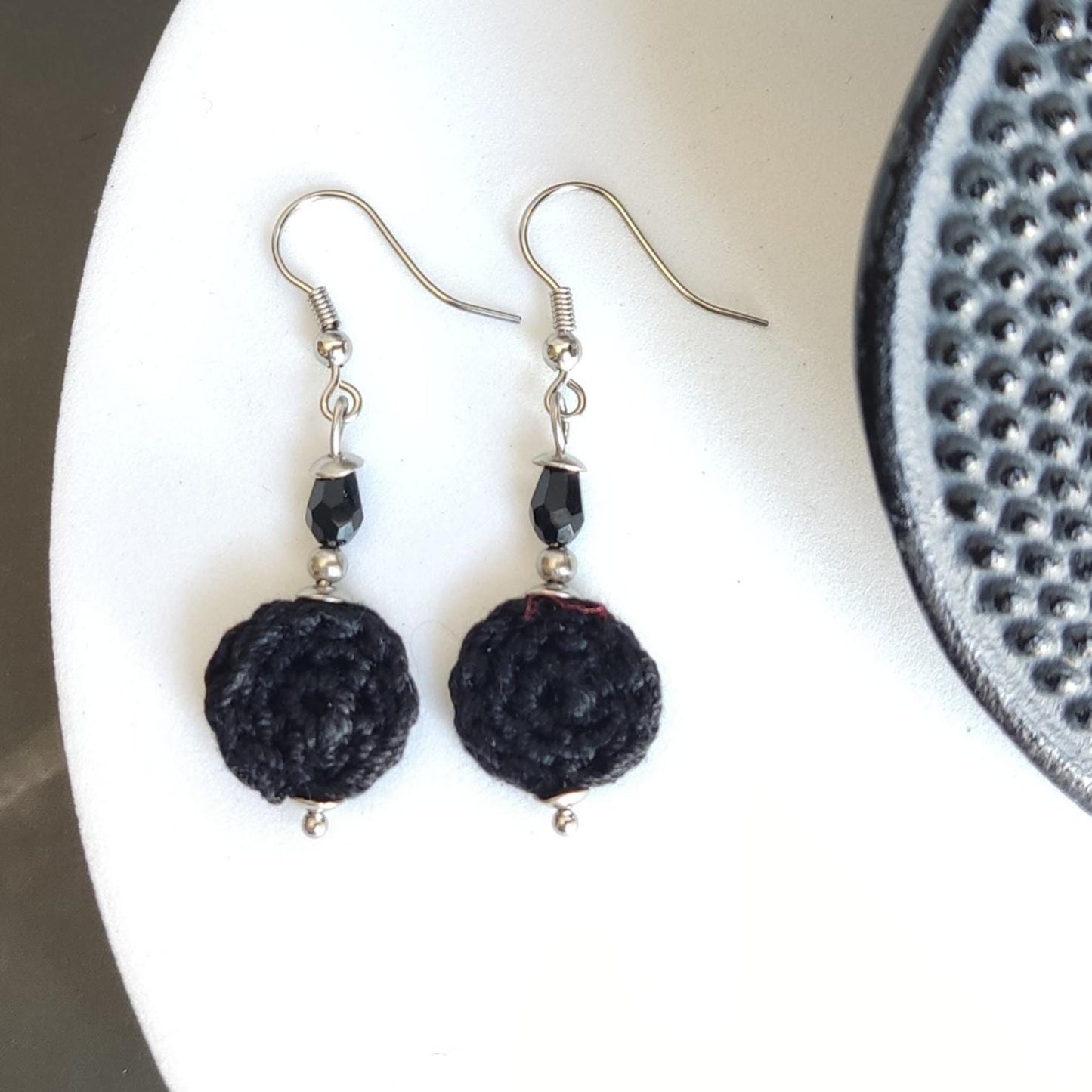 Crochet Black Pearl Drop Earrings: Boho Dangle Earrings
