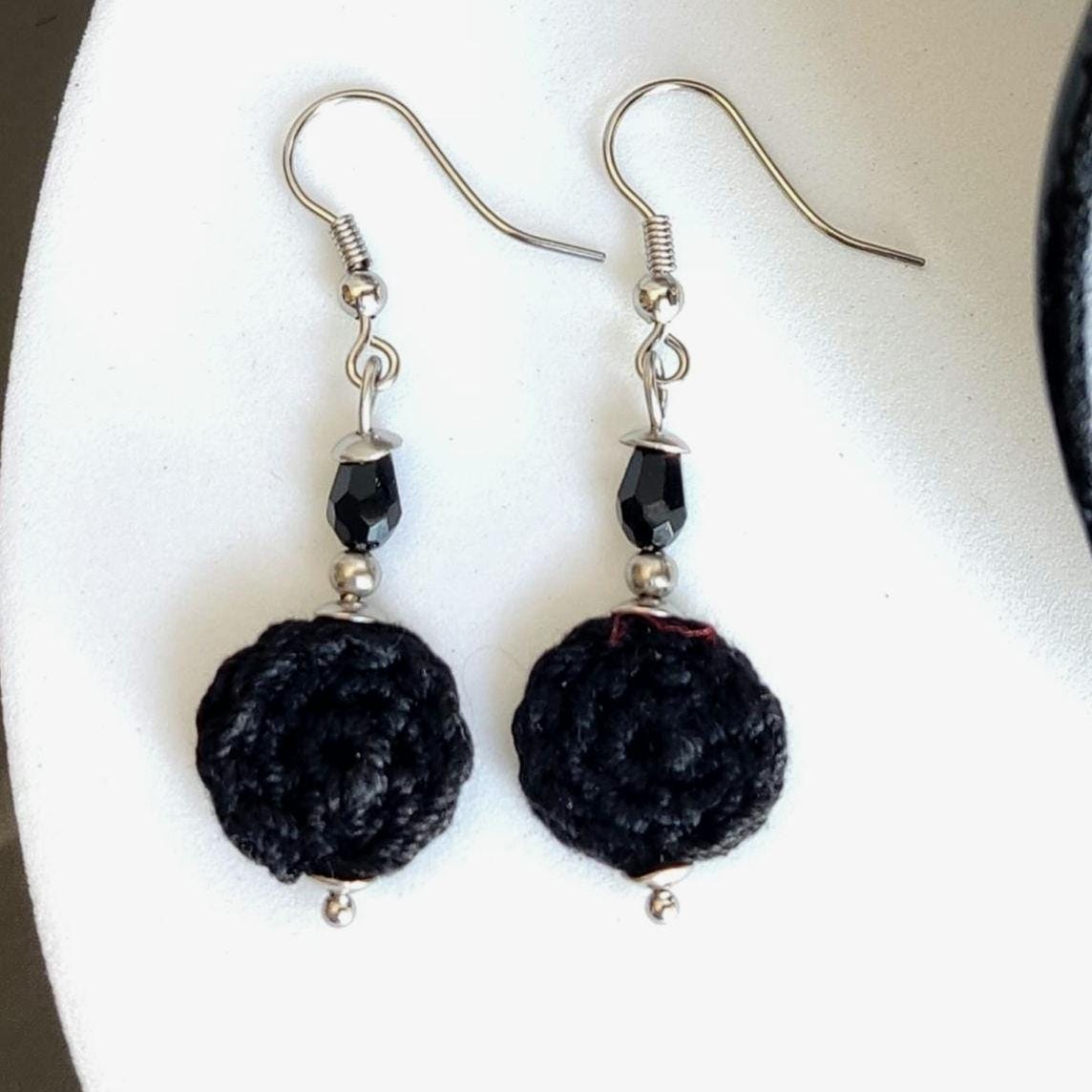 Crochet Black Pearl Drop Earrings: Boho Dangle Earrings