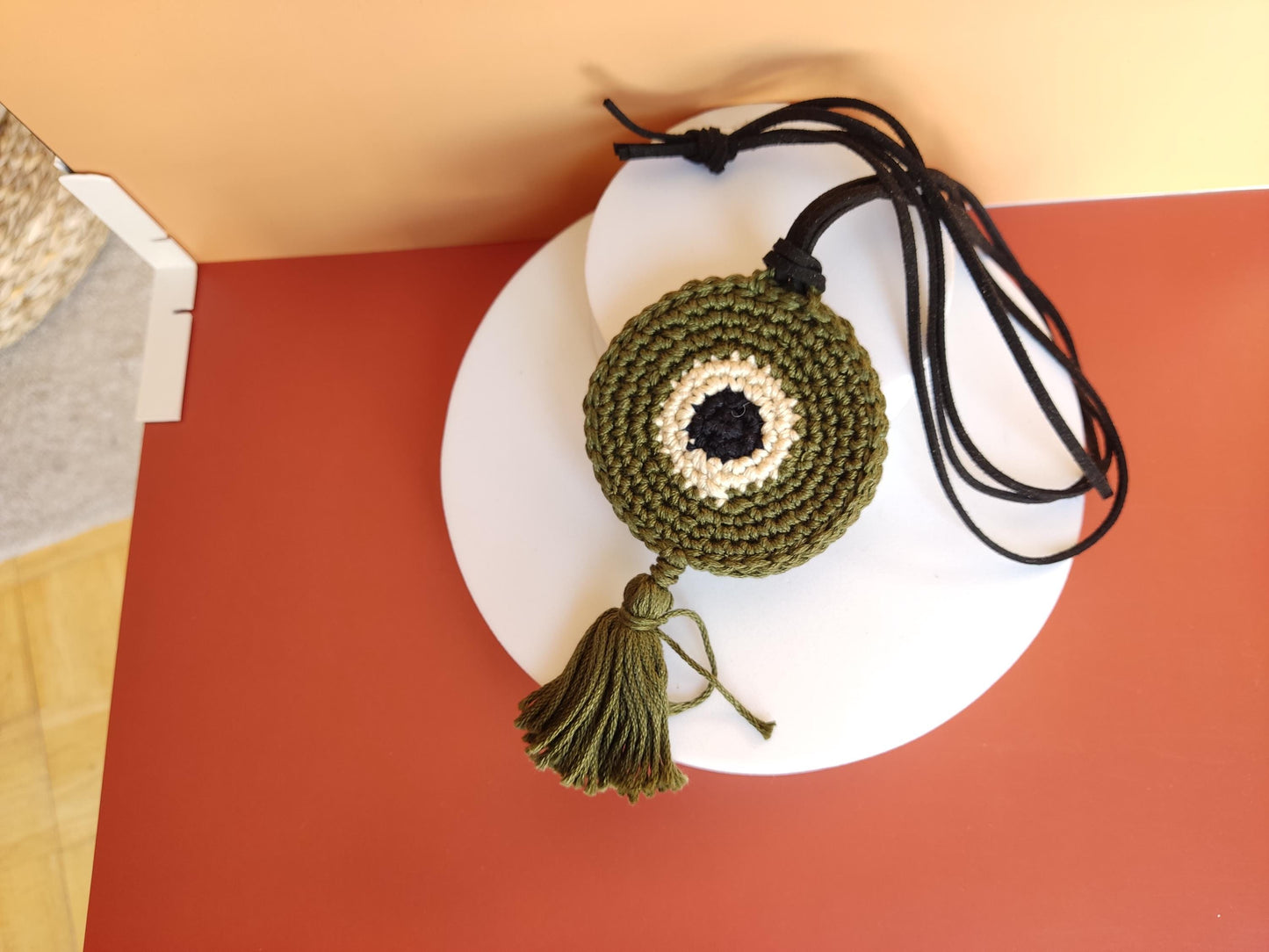 Crochet Evil Eye Pendant Necklace - Beaded Tassel with Leather Strap, Boho Protection Jewelry