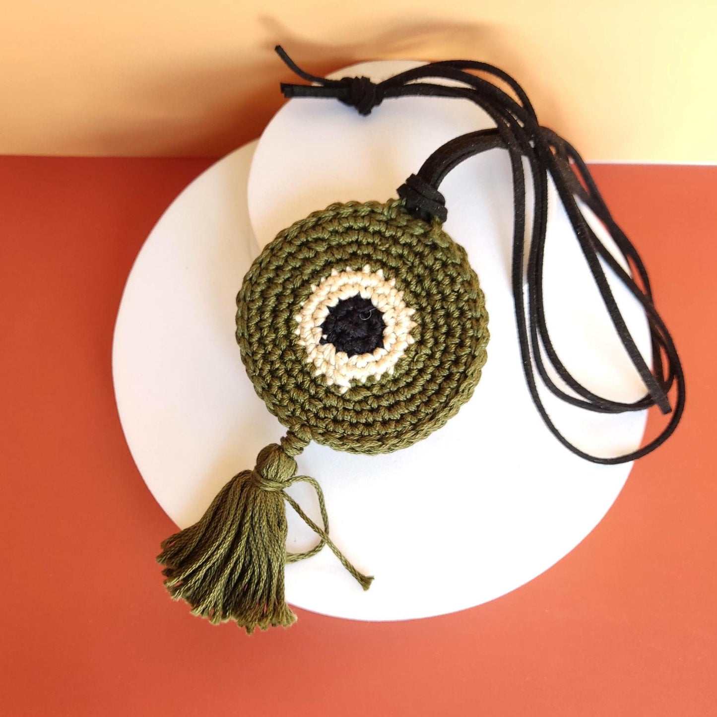 Olive Green Crochet Evil Eye Pendant Necklace - Boho Cord with Leather Strap, Protection Jewelry