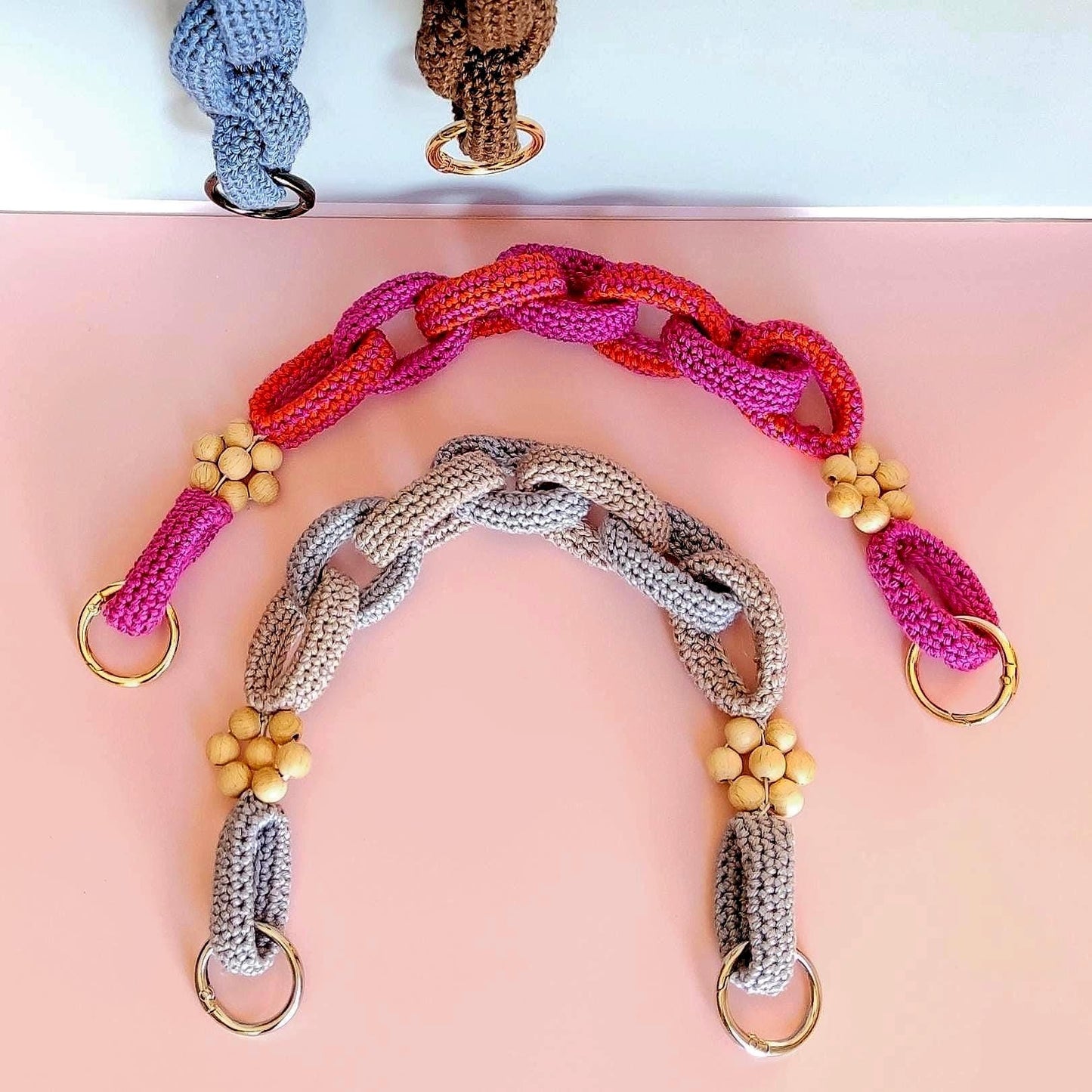 Crochet Purse Handles with Wooden Daisy Charms - Colorful Cotton Chain Bag Straps, Replacement