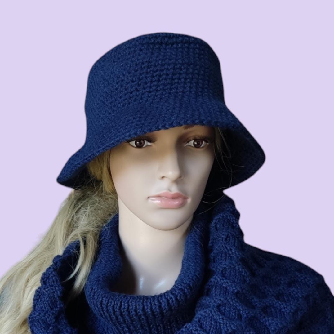 Personalised Navy Blue Crochet Bucket Hat with Leather Flower