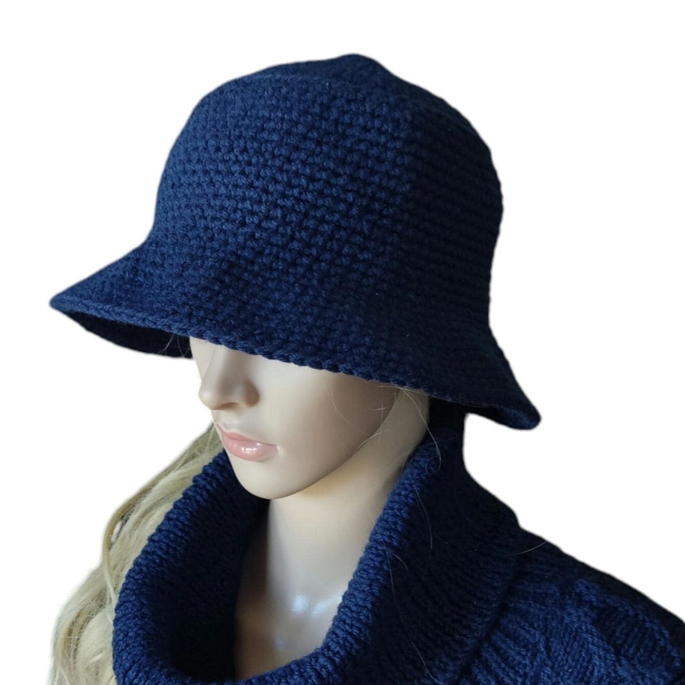 Personalised Navy Blue Crochet Bucket Hat with Leather Flower