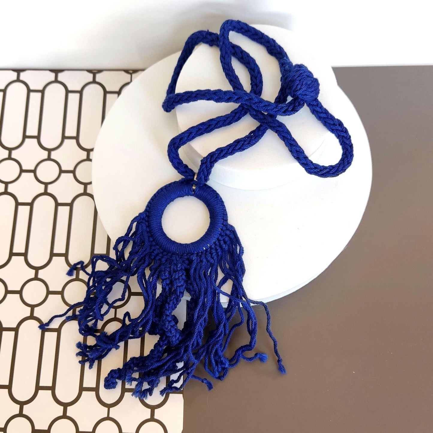 Crochet Pendant Necklace: Blue Boho Fringe Statement Jewelry