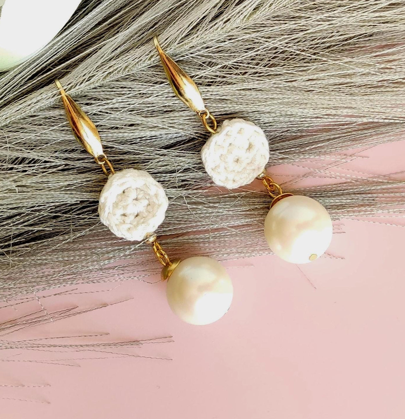 Crochet Pearl Dangle Earrings: Cream White Boho Drop Earrings