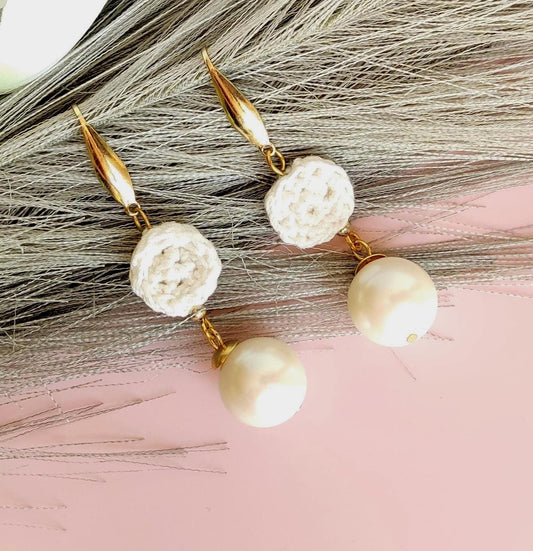 Crochet Pearl Dangle Earrings: Cream White Boho Drop Earrings