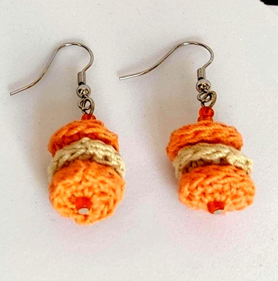 Orange Beige Crochet Drop Earrings: Beaded Microcrochet Cotton Jewelry