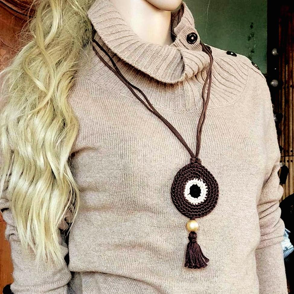 Chocolate Brown Crochet Evil Eye Pendant Necklace - Boho Tassel Leather Strap, Protection Jewelry
