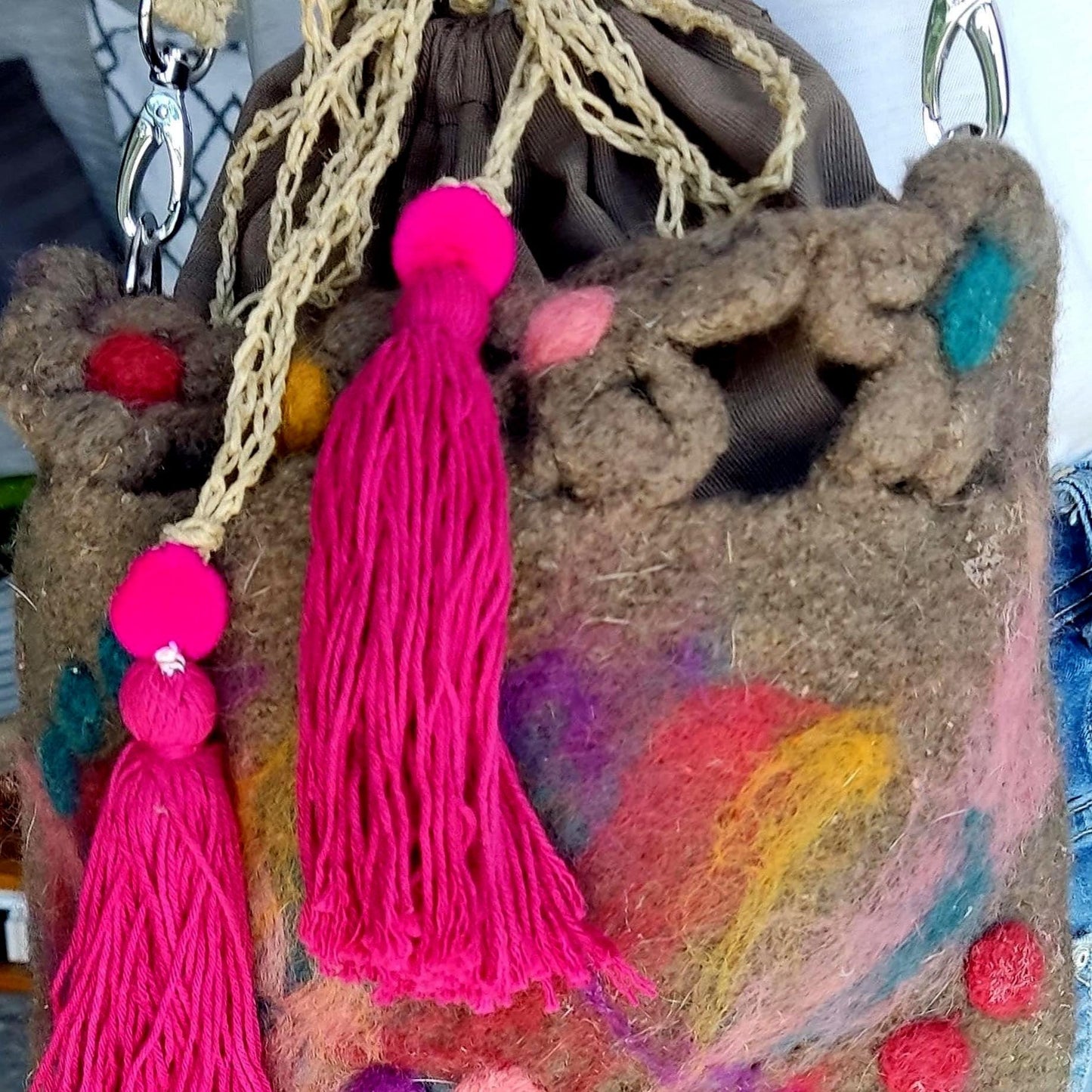 Felted Wool Bucket Bag: Crochet Jute Handle, Needle Felted Flowers